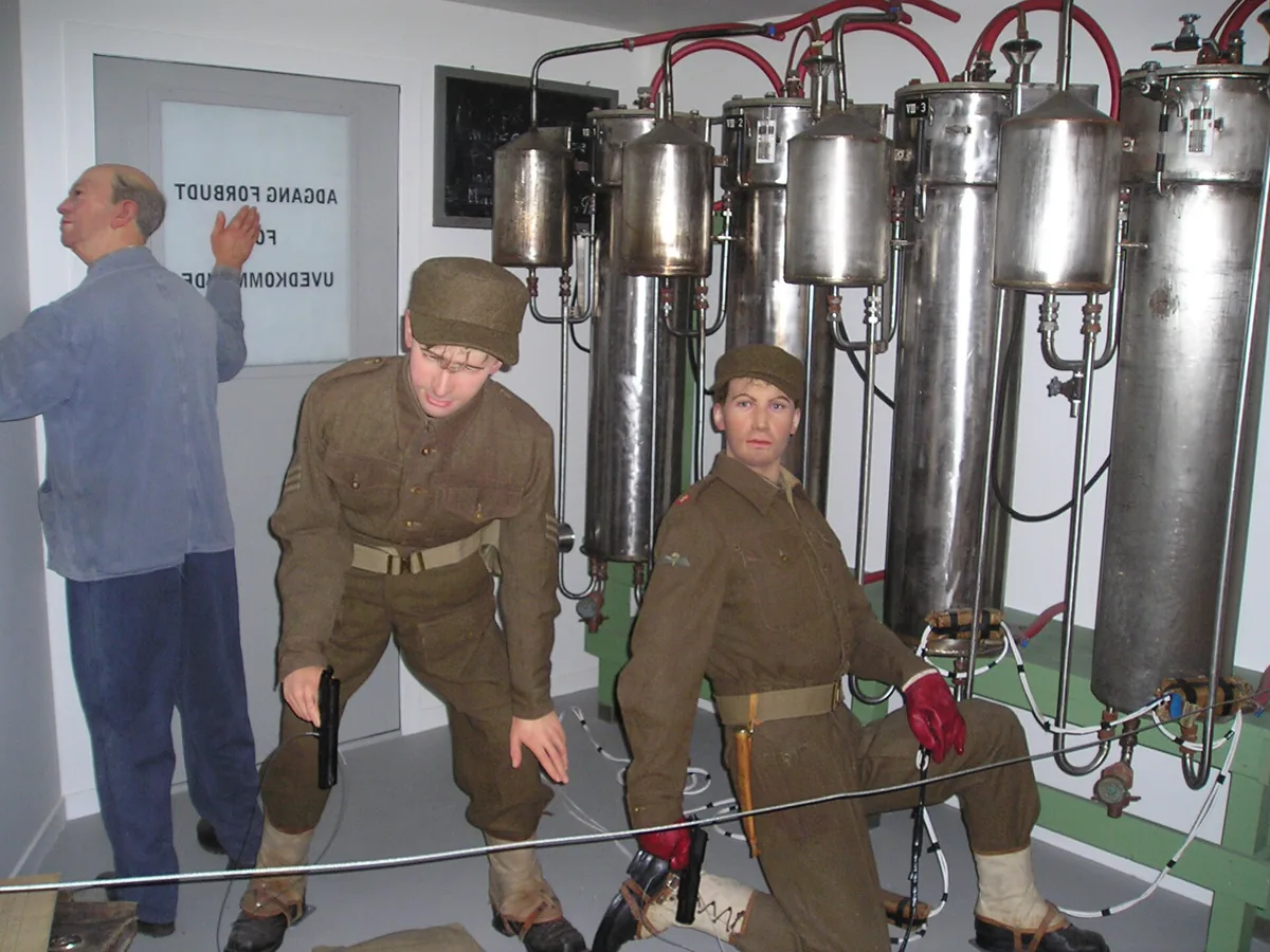 A reconstruction of the Operation Gunnerside team planting explosives to destroy the cascade of electrolysis chambers in the Vemork heavy water ( deuterium ) plant.